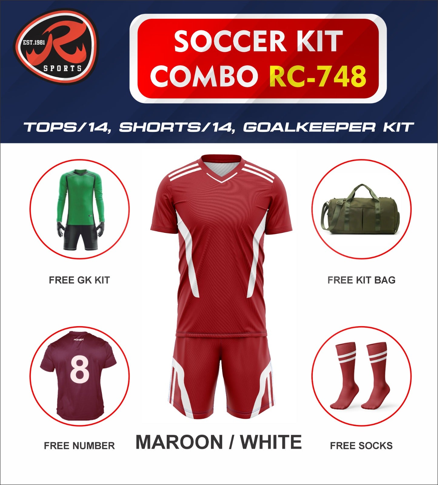 RC-748 Soccer Kit – Full Team Combo Set of 15 | Numbered Tops, Goalkeeper Kit, Socks & Bag | Pre-Junior, Youth & Adult Sizes Available