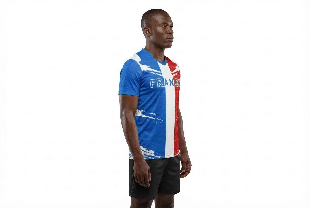 France Flag Sublimation T-Shirt – French Tricolor Graphic Tee – Short Sleeve Patriotic Sports Shirt