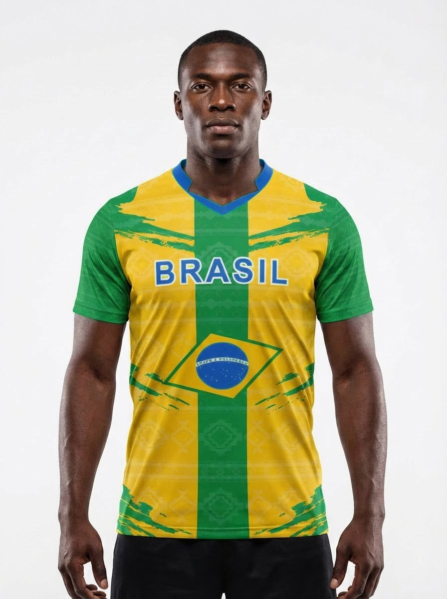 Brazil Flag Sublimation T-Shirt – Green & Yellow Graphic Tee – Short Sleeve Patriotic Sports Shirt