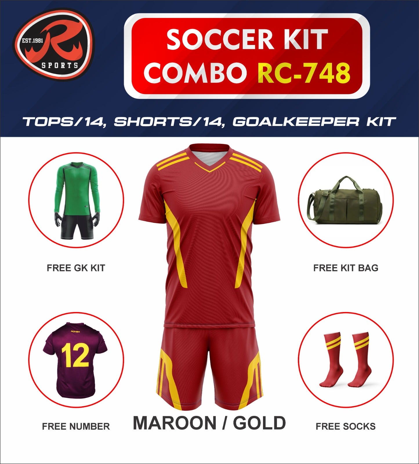RC-748 Soccer Kit – Full Team Combo Set of 15 | Numbered Tops, Goalkeeper Kit, Socks & Bag | Pre-Junior, Youth & Adult Sizes Available