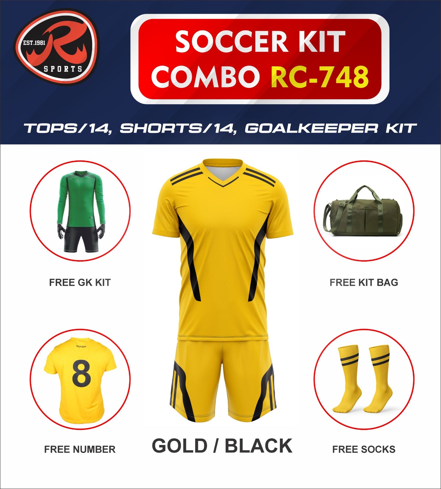 RC-748 Soccer Kit – Full Team Combo Set of 15 | Numbered Tops, Goalkeeper Kit, Socks & Bag | Pre-Junior, Youth & Adult Sizes Available