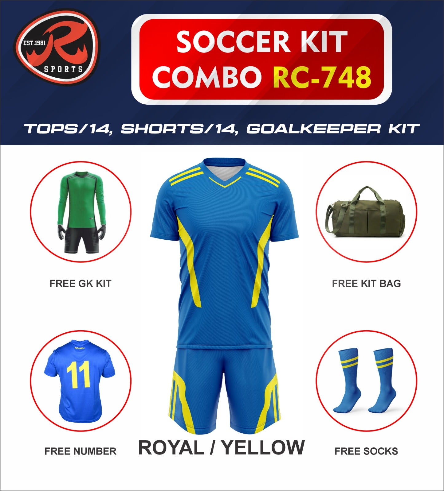 RC-748 Soccer Kit – Full Team Combo Set of 15 | Numbered Tops, Goalkeeper Kit, Socks & Bag | Pre-Junior, Youth & Adult Sizes Available