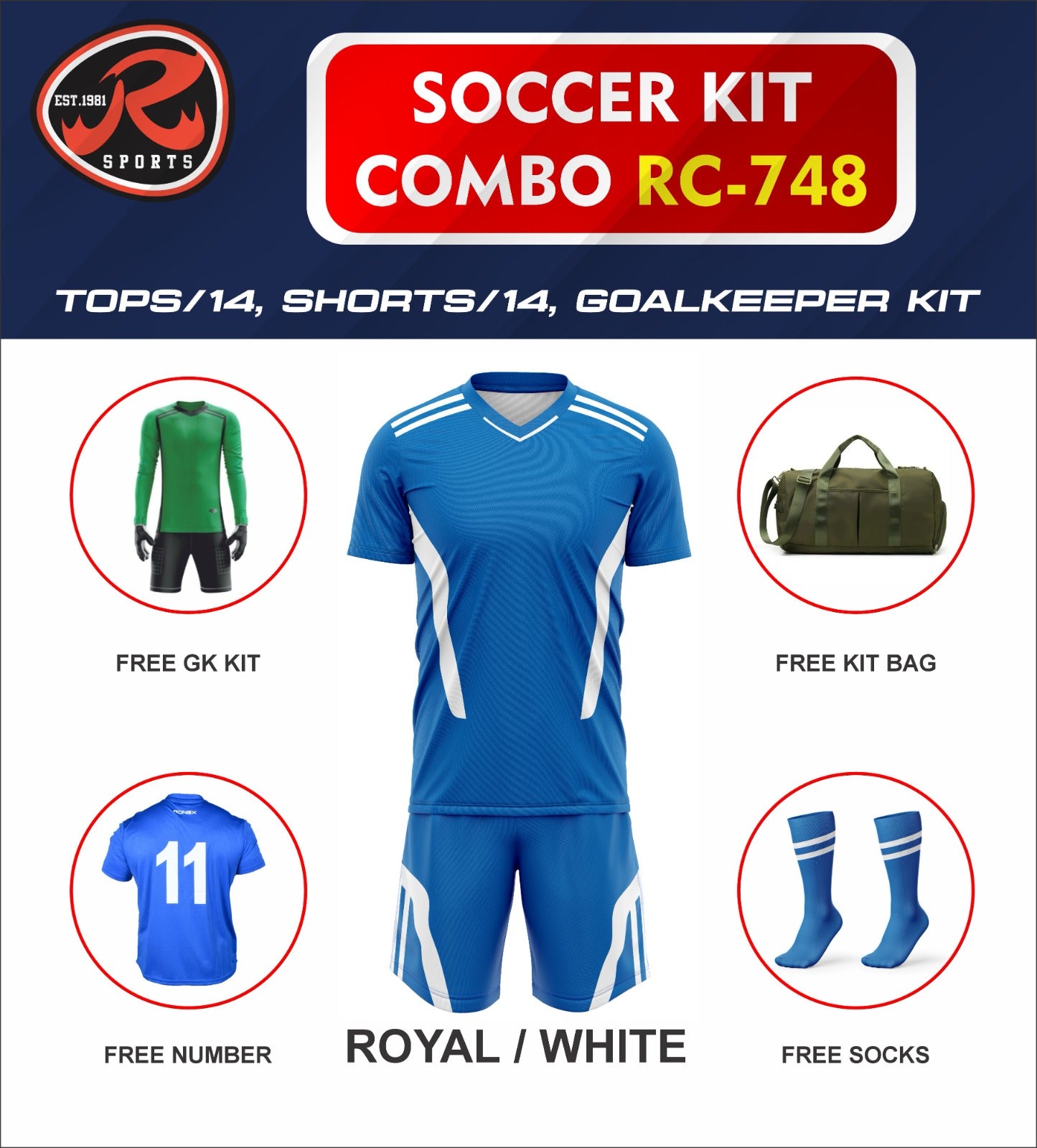 RC-748 Soccer Kit – Full Team Combo Set of 15 | Numbered Tops, Goalkeeper Kit, Socks & Bag | Pre-Junior, Youth & Adult Sizes Available