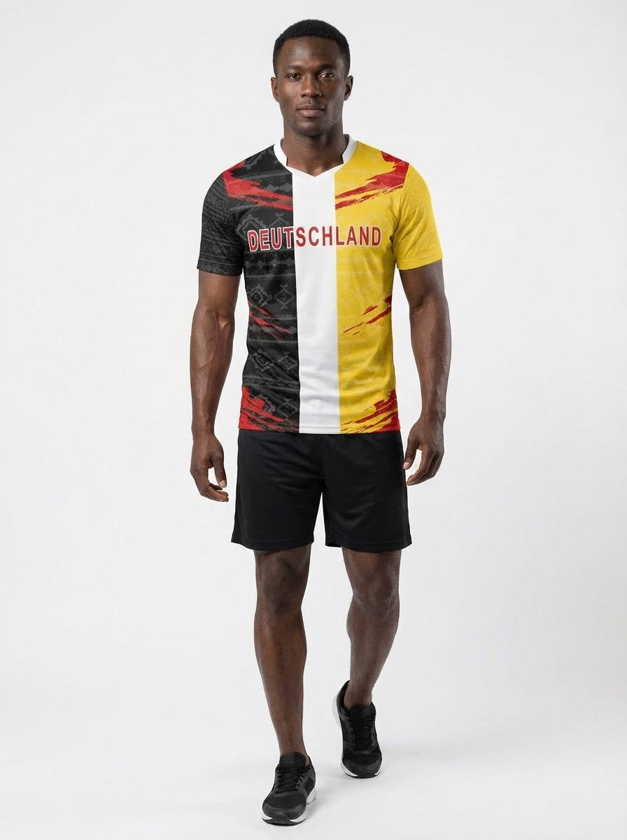 Germany / Deutschland Flag Sublimation T-Shirt – Black Red Gold Graphic Tee – Short Sleeve Patriotic Sports Shirt