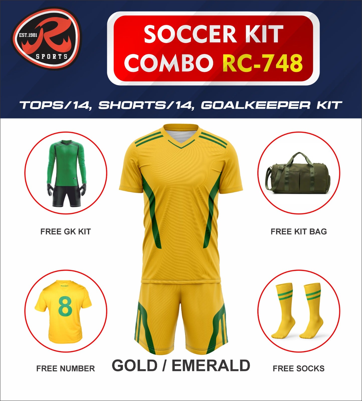 RC-748 Soccer Kit – Full Team Combo Set of 15 | Numbered Tops, Goalkeeper Kit, Socks & Bag | Pre-Junior, Youth & Adult Sizes Available