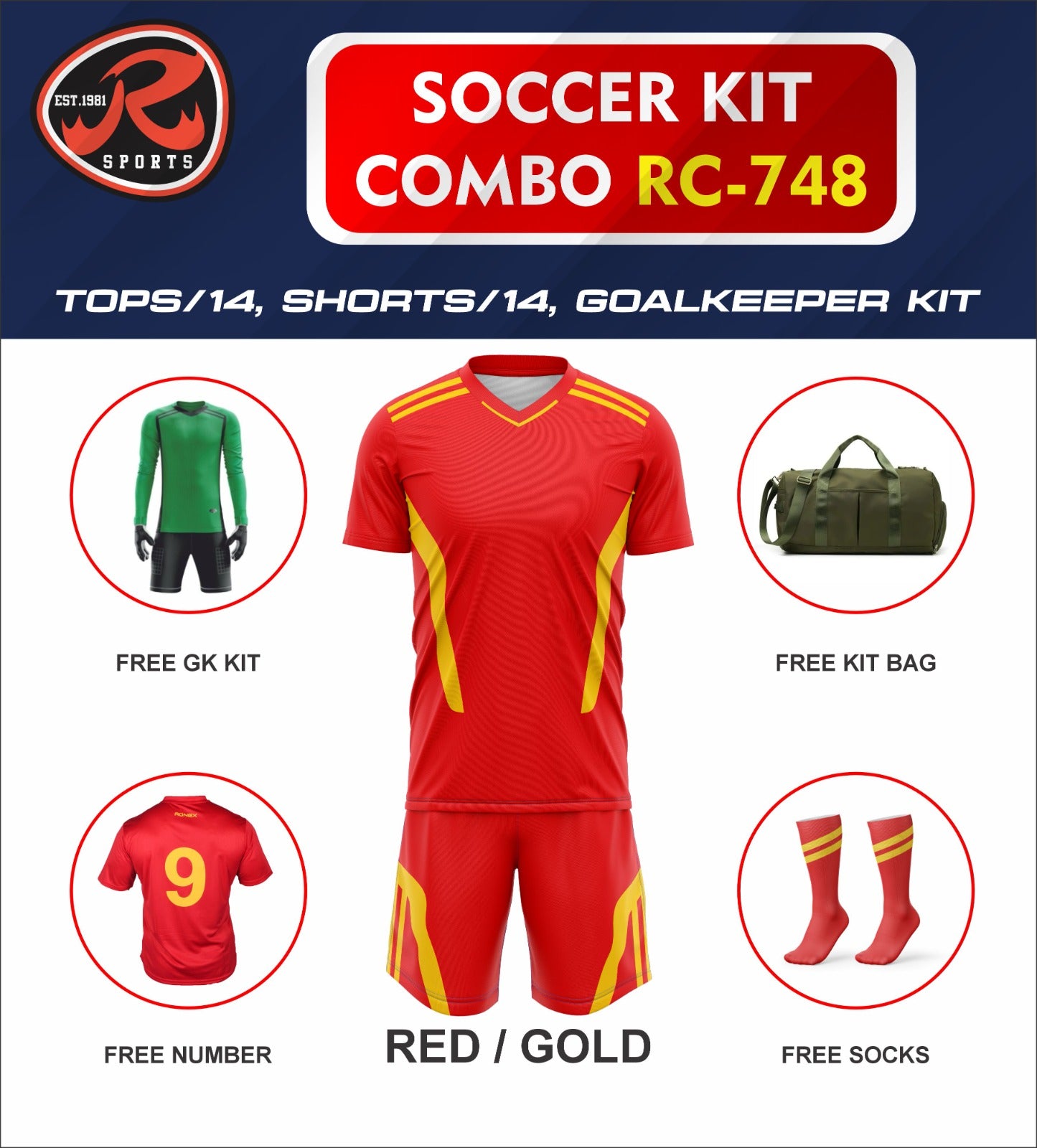 RC-748 Soccer Kit – Full Team Combo Set of 15 | Numbered Tops, Goalkeeper Kit, Socks & Bag | Pre-Junior, Youth & Adult Sizes Available