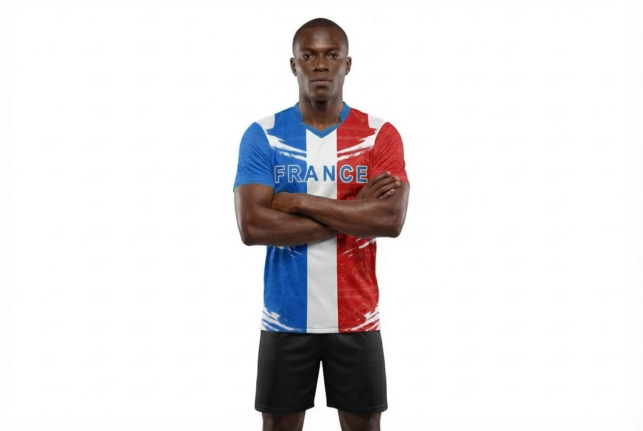 France Flag Sublimation T-Shirt – French Tricolor Graphic Tee – Short Sleeve Patriotic Sports Shirt