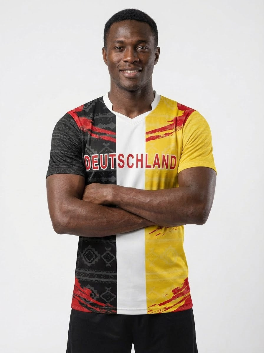 Germany / Deutschland Flag Sublimation T-Shirt – Black Red Gold Graphic Tee – Short Sleeve Patriotic Sports Shirt