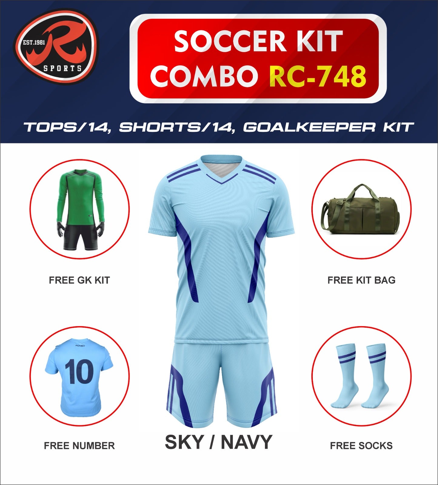 RC-748 Soccer Kit – Full Team Combo Set of 15 | Numbered Tops, Goalkeeper Kit, Socks & Bag | Pre-Junior, Youth & Adult Sizes Available