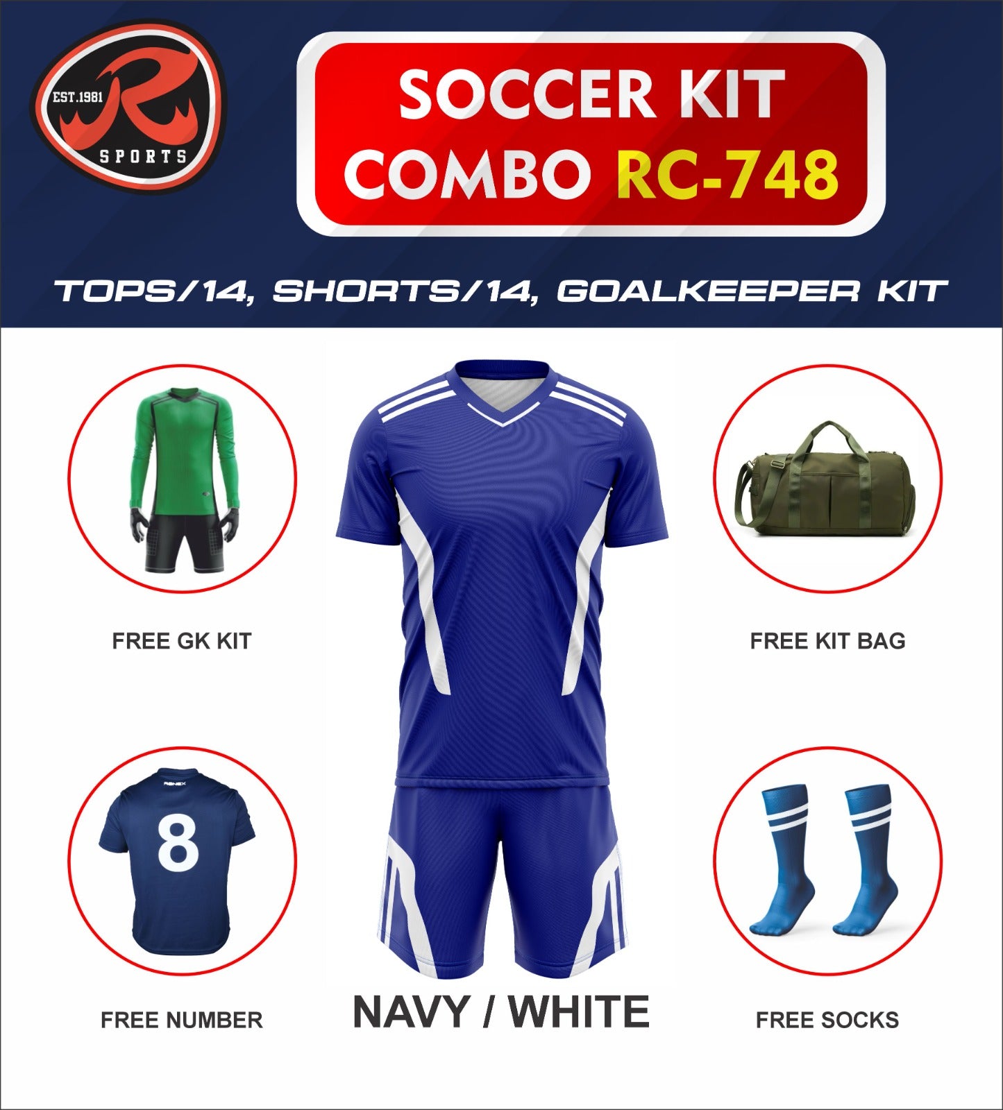 RC-748 Soccer Kit – Full Team Combo Set of 15 | Numbered Tops, Goalkeeper Kit, Socks & Bag | Pre-Junior, Youth & Adult Sizes Available