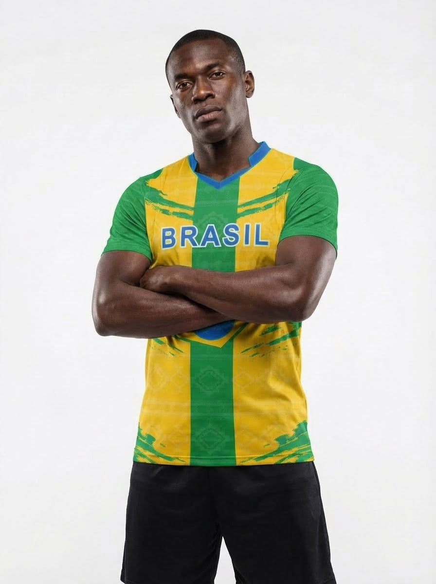 Brazil Flag Sublimation T-Shirt – Green & Yellow Graphic Tee – Short Sleeve Patriotic Sports Shirt