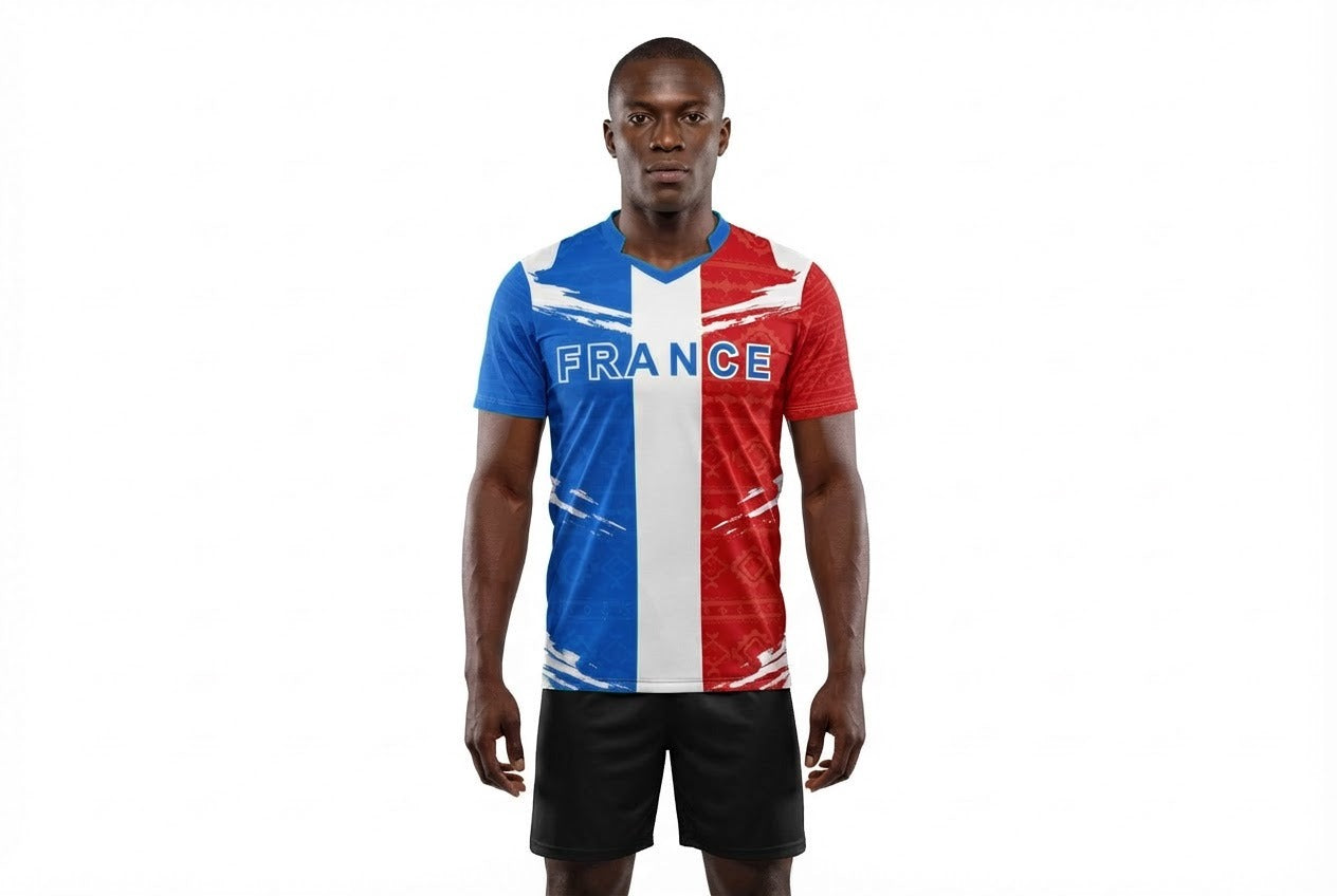 France Flag Sublimation T-Shirt – French Tricolor Graphic Tee – Short Sleeve Patriotic Sports Shirt