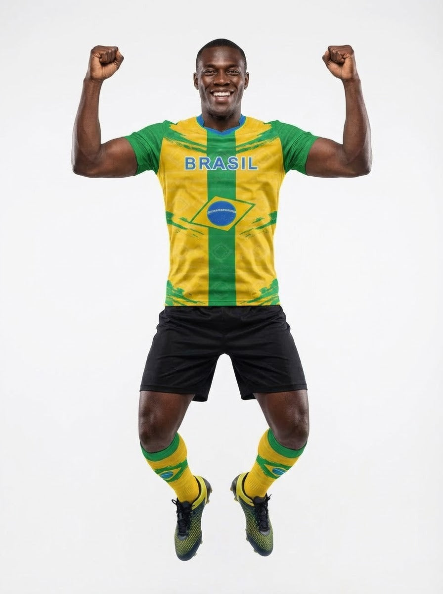 Brazil Flag Sublimation T-Shirt – Green & Yellow Graphic Tee – Short Sleeve Patriotic Sports Shirt
