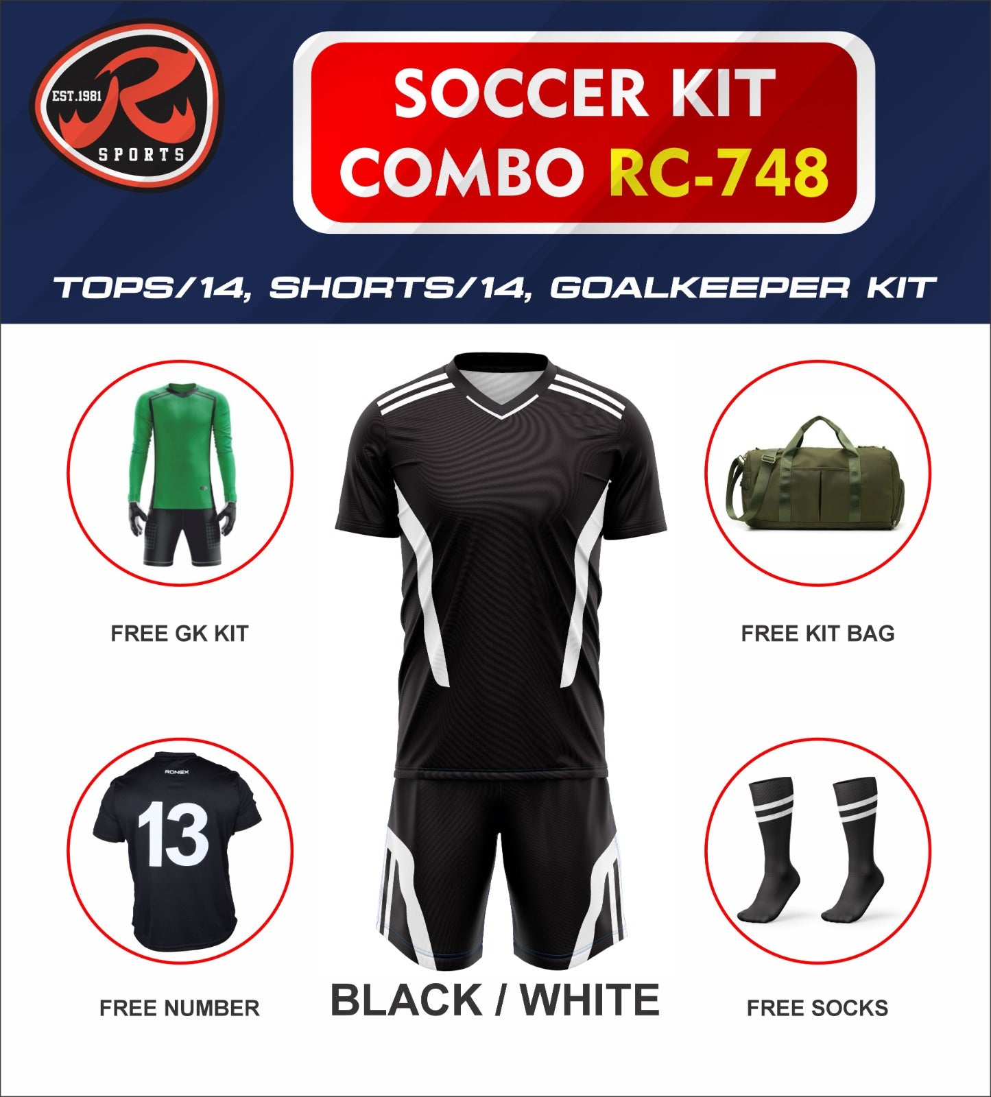 RC-748 Soccer Kit – Full Team Combo Set of 15 | Numbered Tops, Goalkeeper Kit, Socks & Bag | Pre-Junior, Youth & Adult Sizes Available