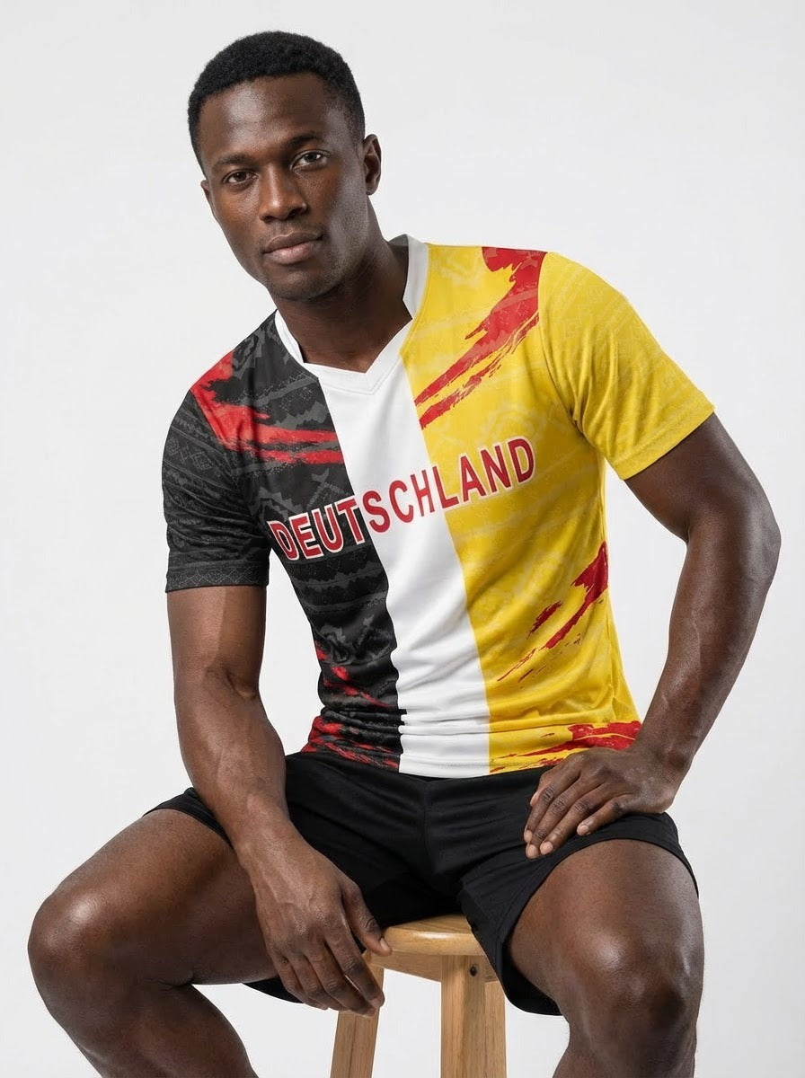 Germany / Deutschland Flag Sublimation T-Shirt – Black Red Gold Graphic Tee – Short Sleeve Patriotic Sports Shirt