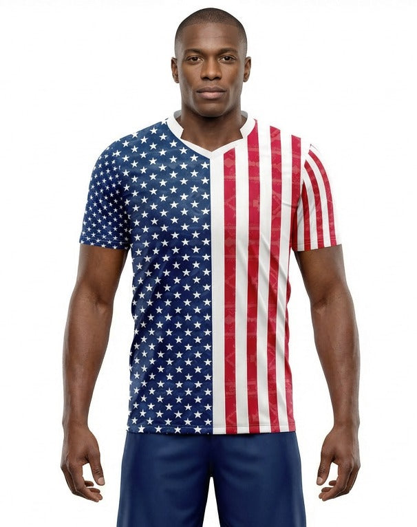 USA Flag Sublimation T-Shirt – American Stars & Stripes Graphic Tee – Short Sleeve Patriotic Sports Shirt for Men