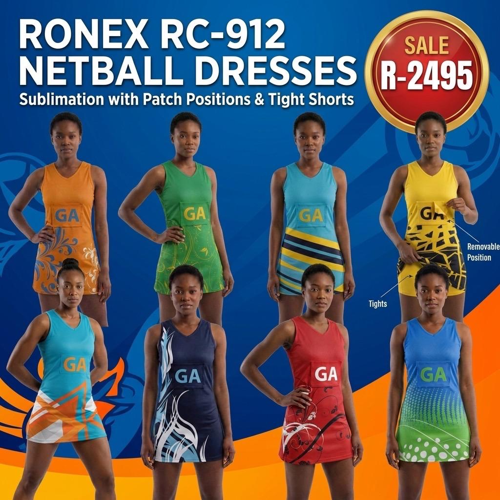RONEX RC-912 Sublimated Netball Dress Set (10 Pack) – Adult Kit with Removable Position Patches (Front & Back)