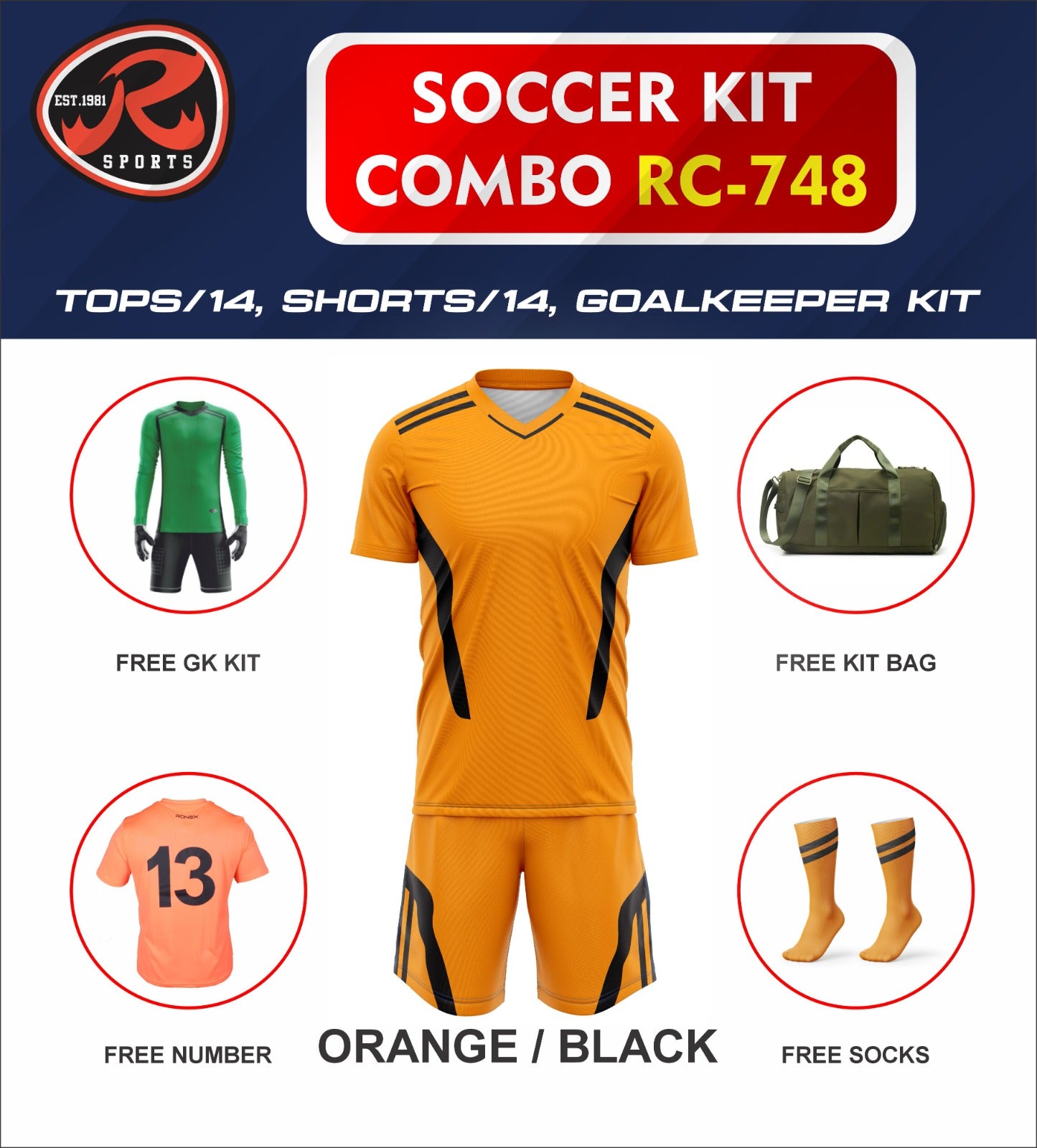 RC-748 Soccer Kit – Full Team Combo Set of 15 | Numbered Tops