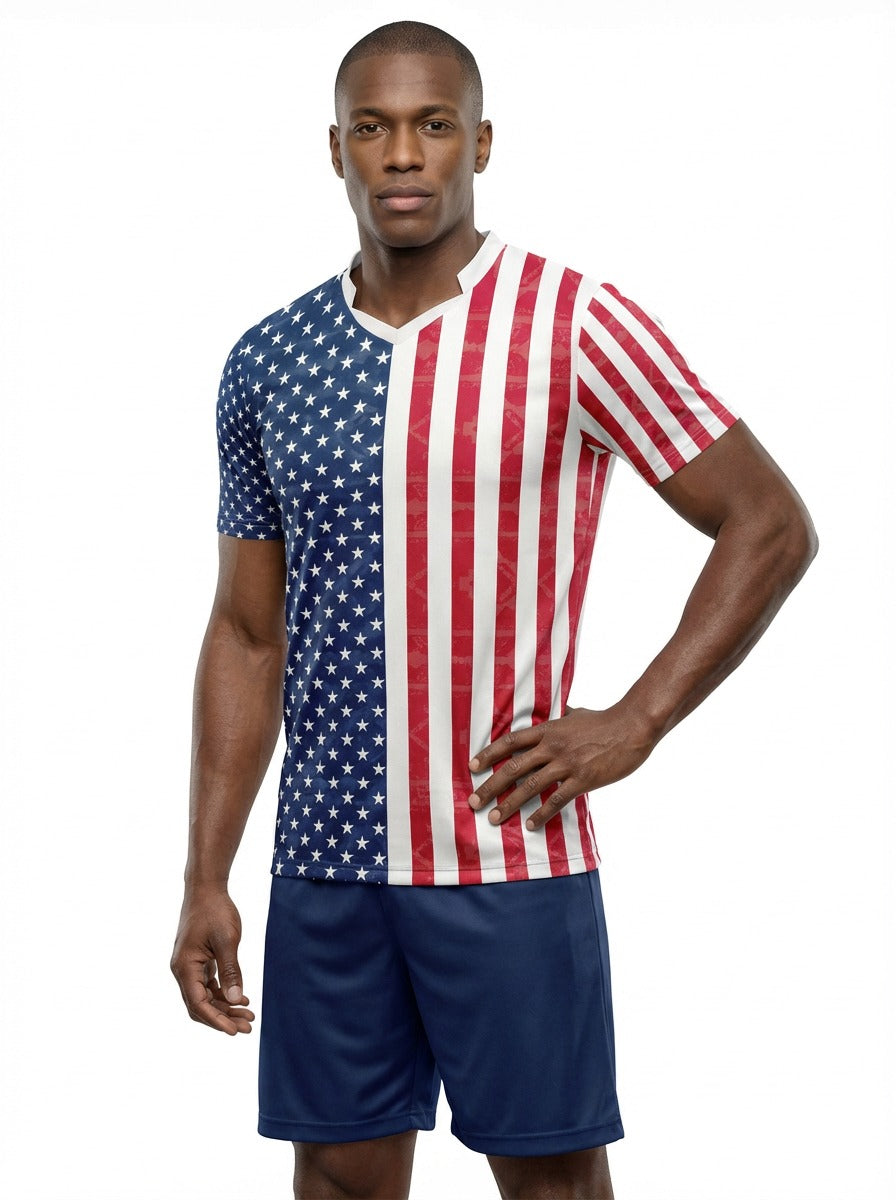USA Flag Sublimation T-Shirt – American Stars & Stripes Graphic Tee – Short Sleeve Patriotic Sports Shirt for Men