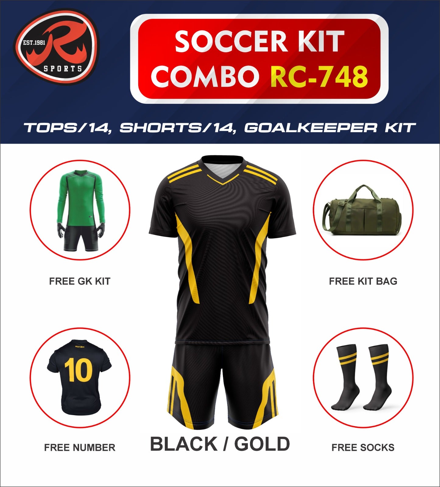 RC-748 Soccer Kit – Full Team Combo Set of 15 | Numbered Tops, Goalkeeper Kit, Socks & Bag | Pre-Junior, Youth & Adult Sizes Available
