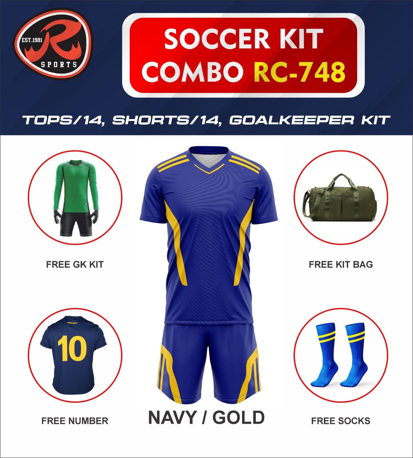 RC-748 Soccer Kit – Full Team Combo Set of 15 | Numbered Tops, Goalkeeper Kit, Socks & Bag | Pre-Junior, Youth & Adult Sizes Available