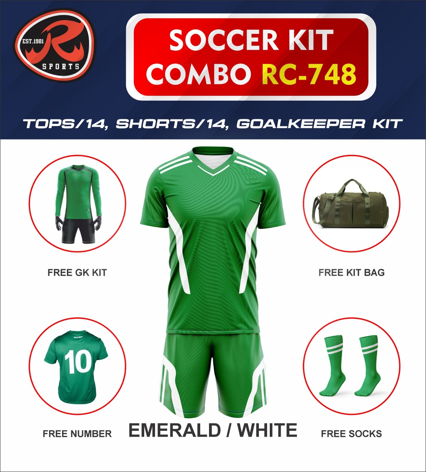 RC-748 Soccer Kit – Full Team Combo Set of 15 | Numbered Tops, Goalkeeper Kit, Socks & Bag | Pre-Junior, Youth & Adult Sizes Available
