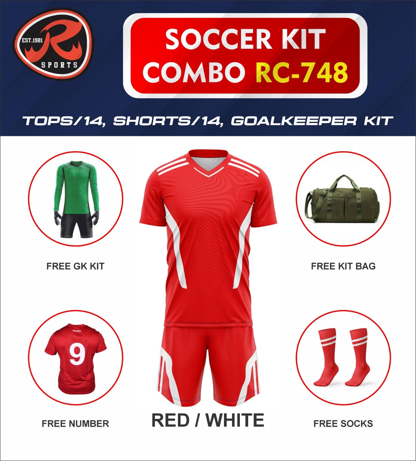 RC-748 Soccer Kit – Full Team Combo Set of 15 | Numbered Tops, Goalkeeper Kit, Socks & Bag | Pre-Junior, Youth & Adult Sizes Available