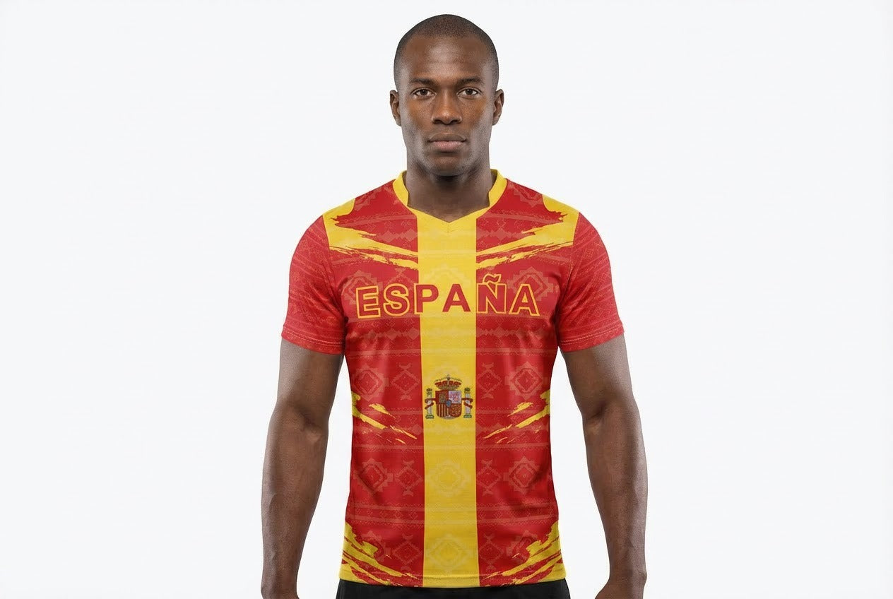 Spain / España Flag Sublimation T-Shirt – Red & Yellow Graphic Tee – Short Sleeve Patriotic Sports Shirt
