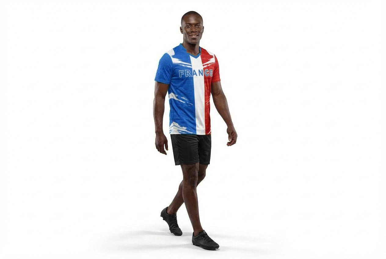 France Flag Sublimation T-Shirt – French Tricolor Graphic Tee – Short Sleeve Patriotic Sports Shirt