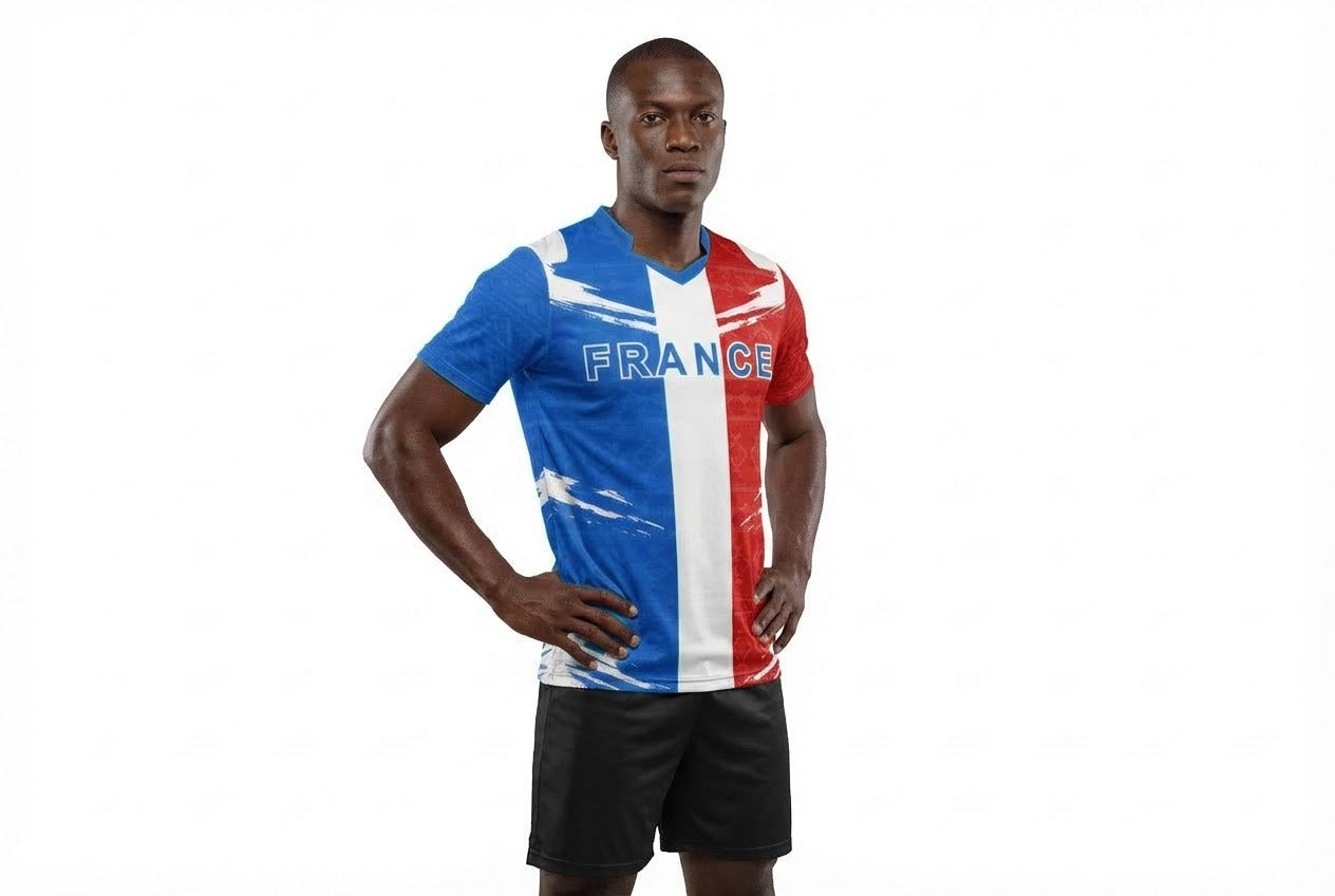 France Flag Sublimation T-Shirt – French Tricolor Graphic Tee – Short Sleeve Patriotic Sports Shirt