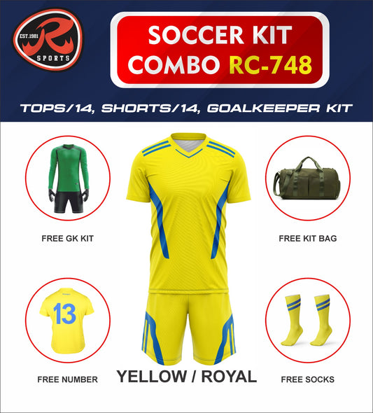 RC-748 Soccer Kit – Full Team Combo Set of 15 | Numbered Tops, Goalkeeper Kit, Socks & Bag | Pre-Junior, Youth & Adult Sizes Available