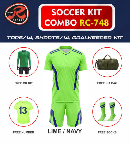 RC-748 Soccer Kit – Full Team Combo Set of 15 | Numbered Tops, Goalkeeper Kit, Socks & Bag | Pre-Junior, Youth & Adult Sizes Available