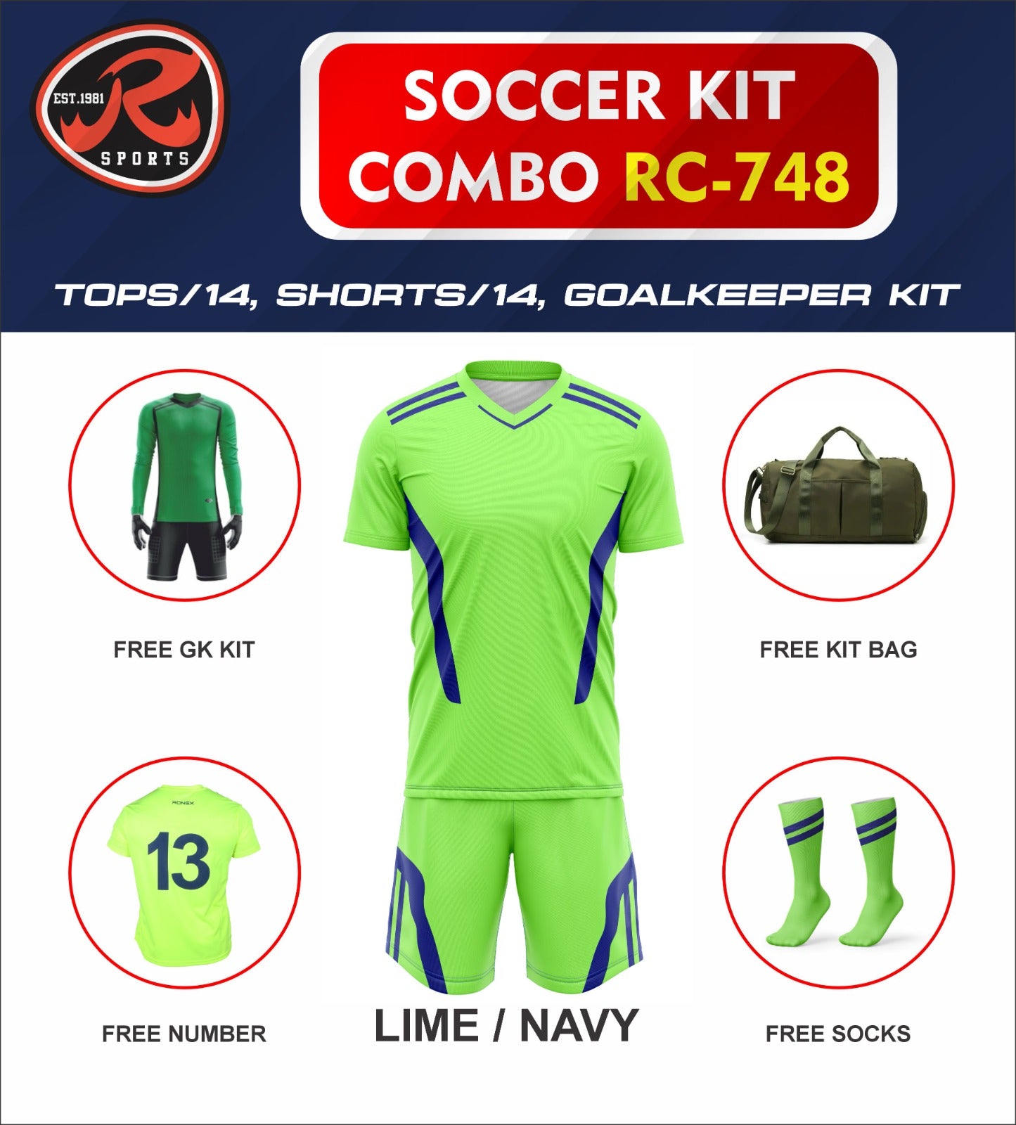 RC-748 Soccer Kit – Full Team Combo Set of 15 | Numbered Tops, Goalkeeper Kit, Socks & Bag | Pre-Junior, Youth & Adult Sizes Available