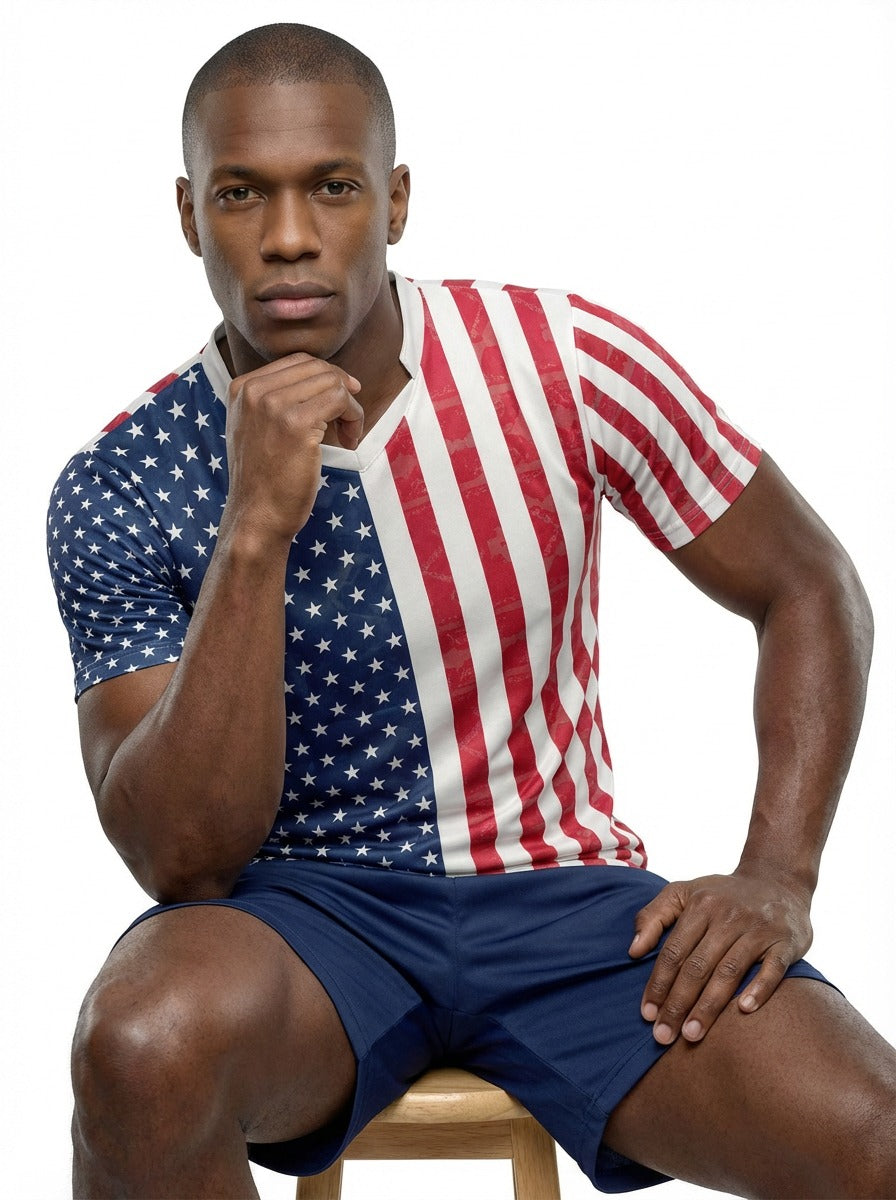 USA Flag Sublimation T-Shirt – American Stars & Stripes Graphic Tee – Short Sleeve Patriotic Sports Shirt for Men